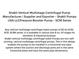 Shakti Vertical Multistage Centrifugal Pump Manufacturer | Supplier and Exporter - Shakti Pumps USA LLCPressure Booster