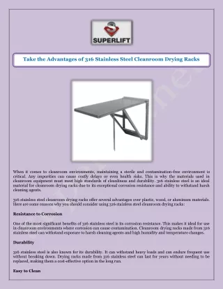 Take the Advantages of 316 Stainless Steel Cleanroom Drying Racks