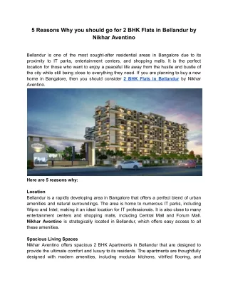 5 Reasons Why you should go for 2 BHK Flats in Bellandur by Nikhar Aventino