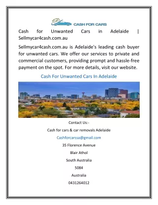 Cash for Unwanted Cars in Adelaide  Sellmycar4cash.com
