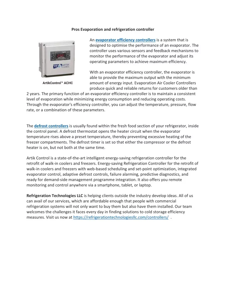 pros evaporation and refrigeration controller