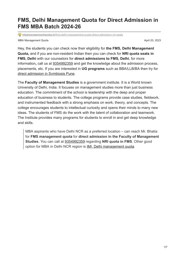 fms delhi management quota for direct admission