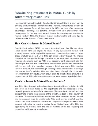 Maximizing Investment in Mutual Funds by NRIs