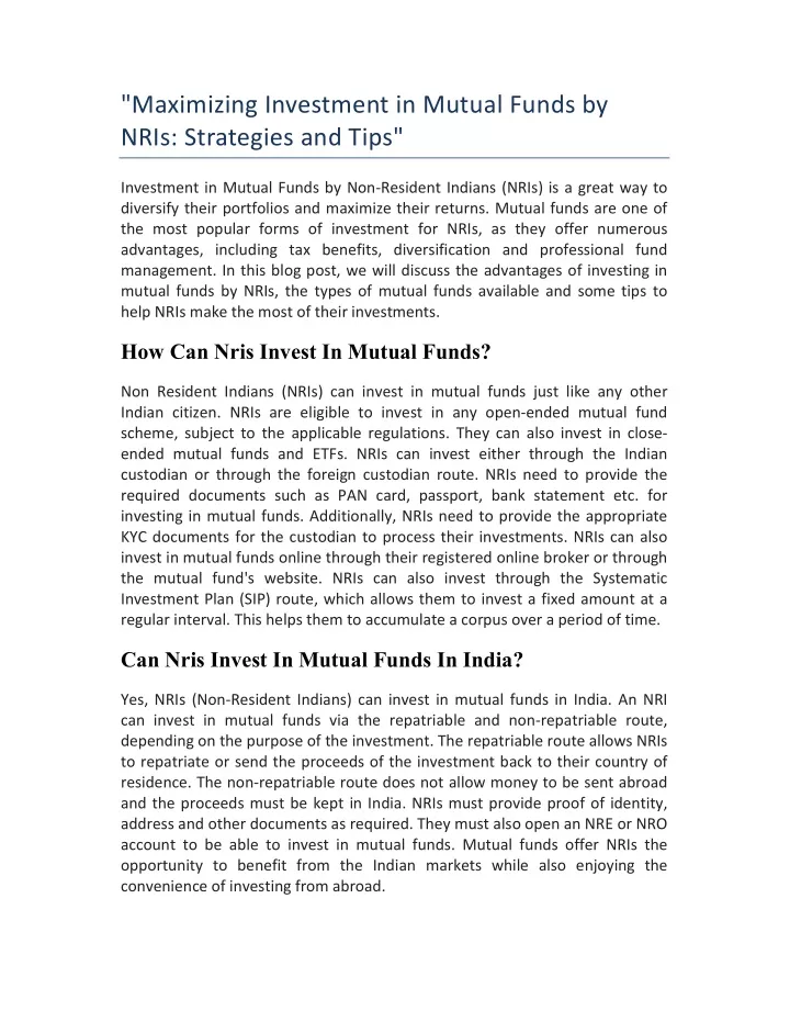 maximizing investment in mutual funds by nris