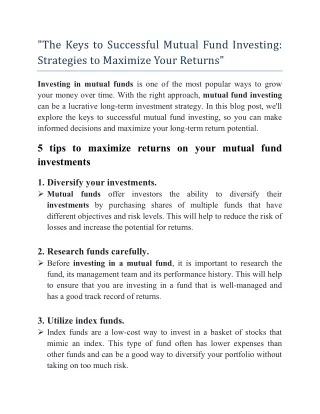 The Keys to Successful Mutual Fund Investing