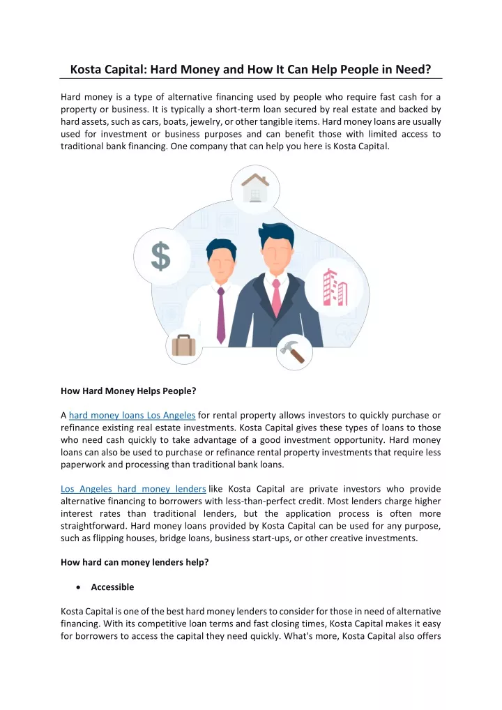 kosta capital hard money and how it can help