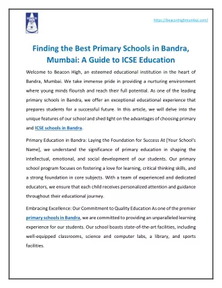 Finding the Best Primary Schools in Bandra, Mumbai: A Guide to ICSE Education