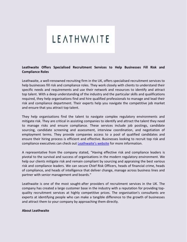 leathwaite offers specialised recruitment