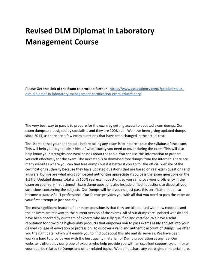 revised dlm diplomat in laboratory management