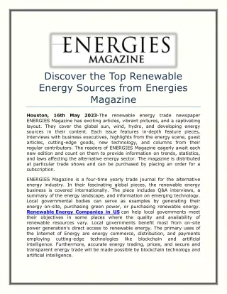 Discover the Top Renewable Energy Sources from Energies Magazine