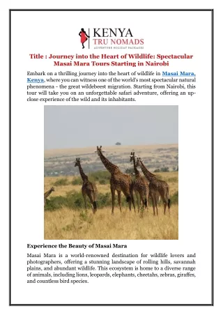 Journey into the Heart of Wildlife: Spectacular Masai Mara Tours Starting in Nai