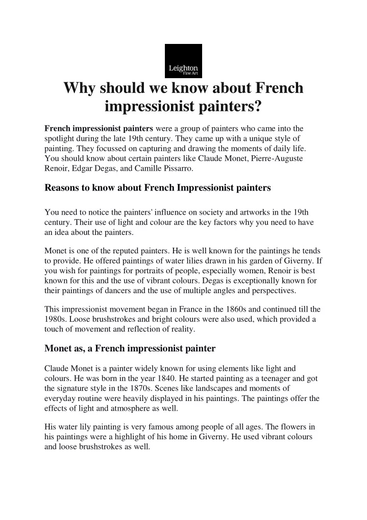 why should we know about french impressionist