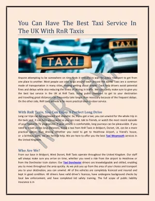 You Can Have The Best Taxi Service In The UK With RnR Taxis
