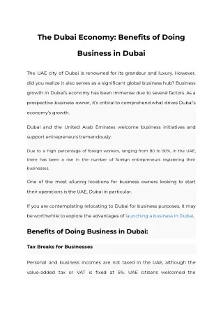 The Dubai Economy Benefits of Doing Business in Dubai