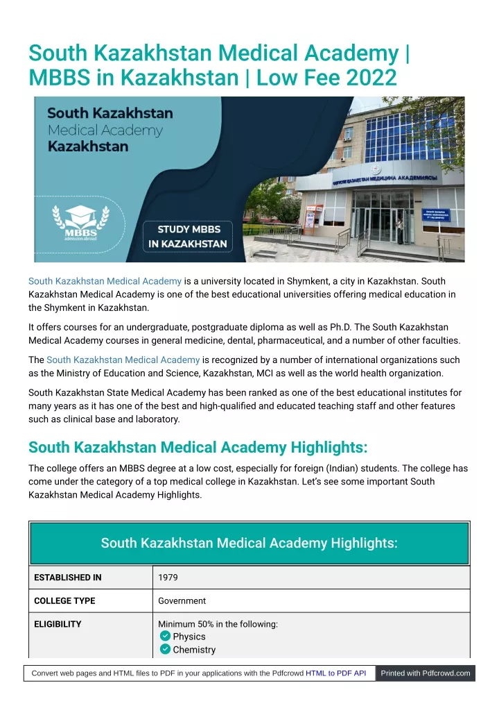 south kazakhstan medical academy mbbs