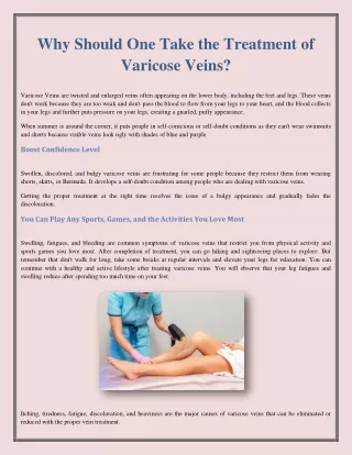 Why Should One Take the Treatment of Varicose Veins?