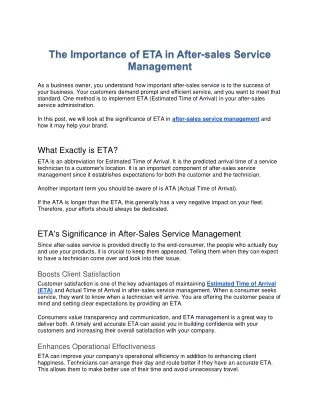 Importance of ETA in After-sales Service Management