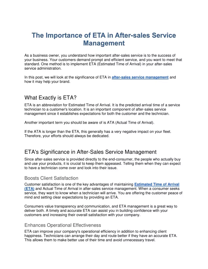the importance of eta in after sales service