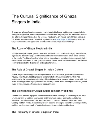 The Cultural Significance of Ghazal Singers in India