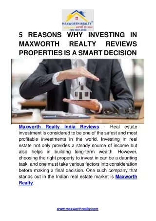 5 REASONS WHY INVESTING IN MAXWORTH REALTY REVIEWS PROPERTIES IS A SMART DECISION