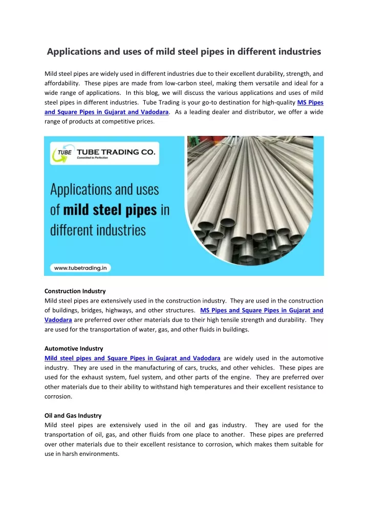 applications and uses of mild steel pipes