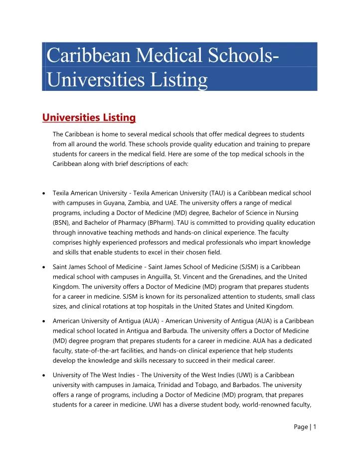 caribbean medical schools universities listing