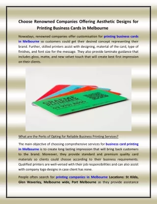 Choose Renowned Companies Offering Aesthetic Designs for Printing Business Cards in Melbourne