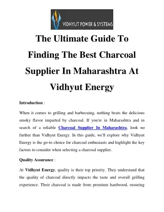 Reliable Charcoal Supplier in Maharashtra: Vidhyut Power Systems