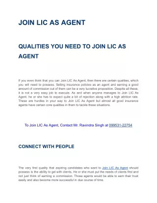JOIN LIC AS AGENT