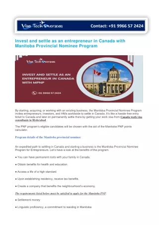 Invest and settle as an entrepreneur in Canada with Manitoba Provincial Nominee Program
