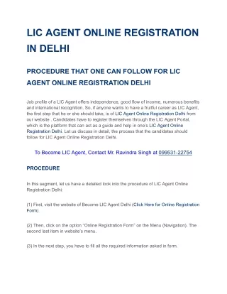 LIC AGENT ONLINE REGISTRATION IN DELHI