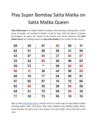 Play Super Bombay Satta Matka on Satta Matka Queen