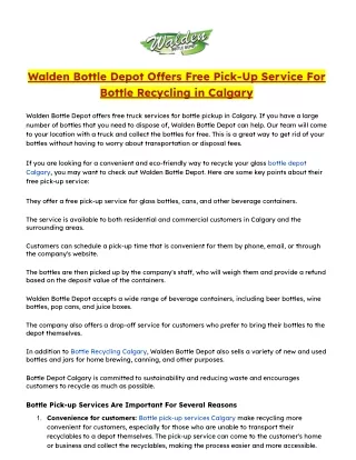 Walden Bottle Depot Offers Free Pick-Up Service For Bottle Recycling in Calgary