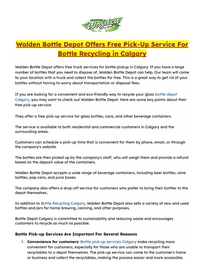 walden bottle depot o ers free pick up service