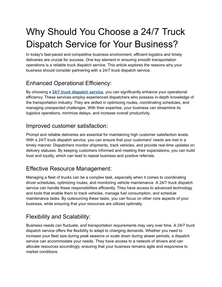 why should you choose a 24 7 truck dispatch