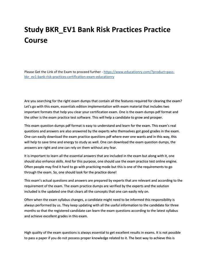 study bkr ev1 bank risk practices practice course