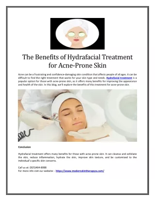 The Benefits of Hydrafacial Treatment for Acne-Prone Skin