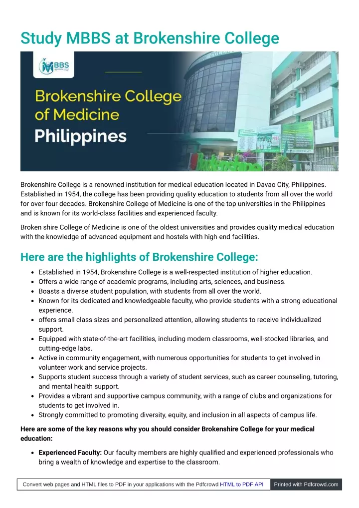 study mbbs at brokenshire college