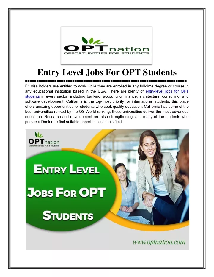 entry level jobs for opt students f1 visa holders