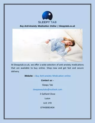 Buy Anti Anxiety Medication Online  Sleepytab.co.uk
