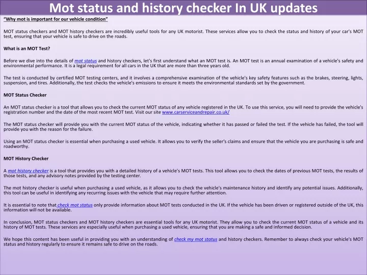mot status and history checker in uk updates