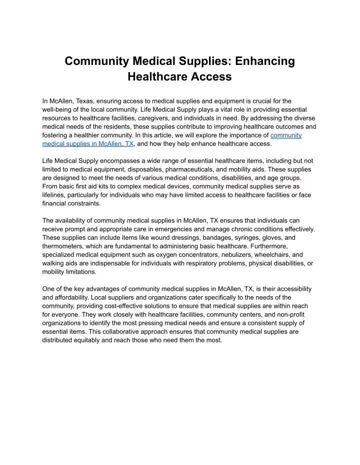 community medical supplies enhancing healthcare