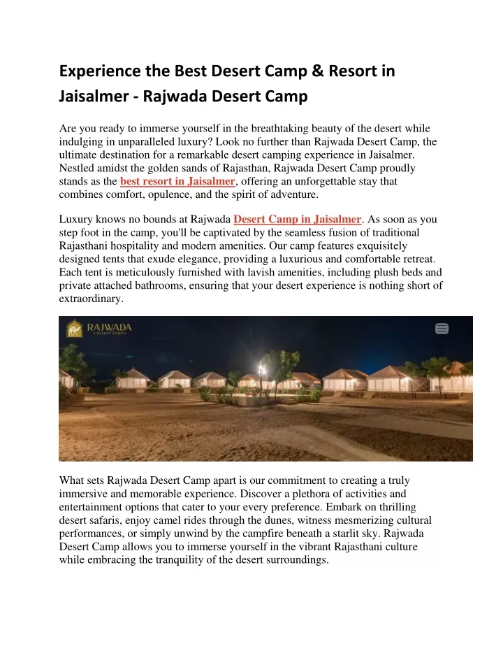 experience the best desert camp resort