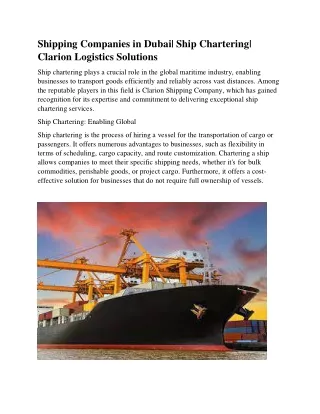 Shipping Companies in Dubai|Ship Chartering| Clarion Logistics solutions