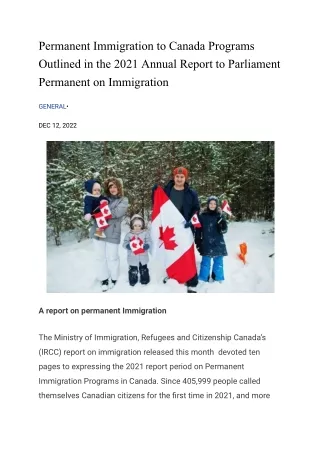 Permanent Immigration to Canada Programs Outlined in the 2021 Annual Report to Parliament Permanent on Immigration