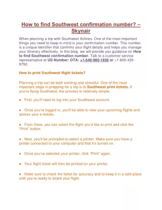 How to find Southwest confirmation number by Skynair.com