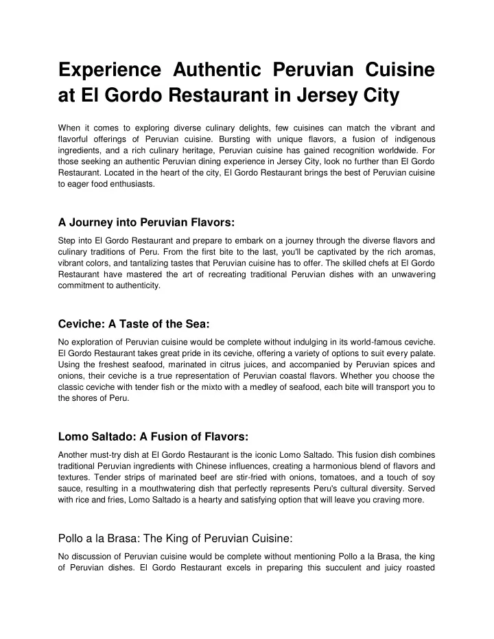 experience authentic peruvian cuisine at el gordo