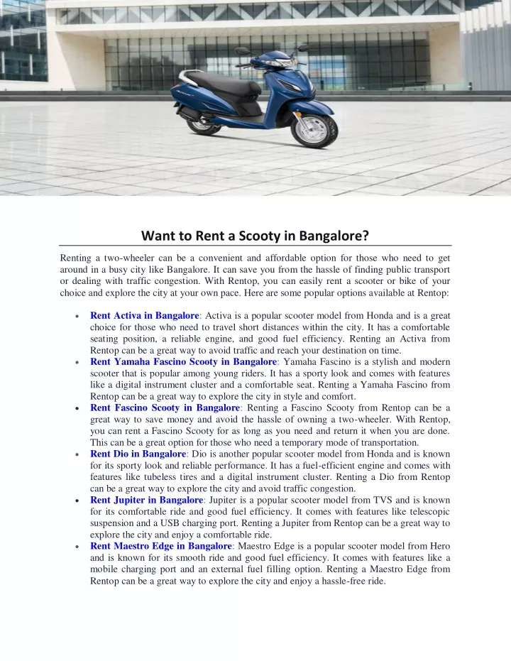 want to rent a scooty in bangalore