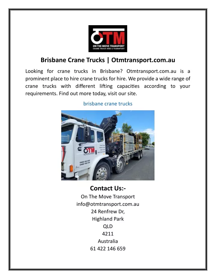 brisbane crane trucks otmtransport com au