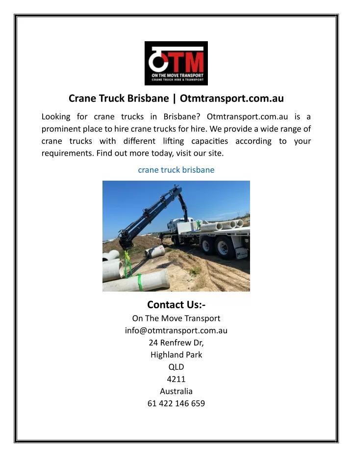 crane truck brisbane otmtransport com au